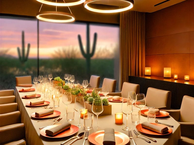 Elegant dining table set for dinner with wine glasses, napkins, and candles. Large windows show a desert landscape with cacti at sunset.