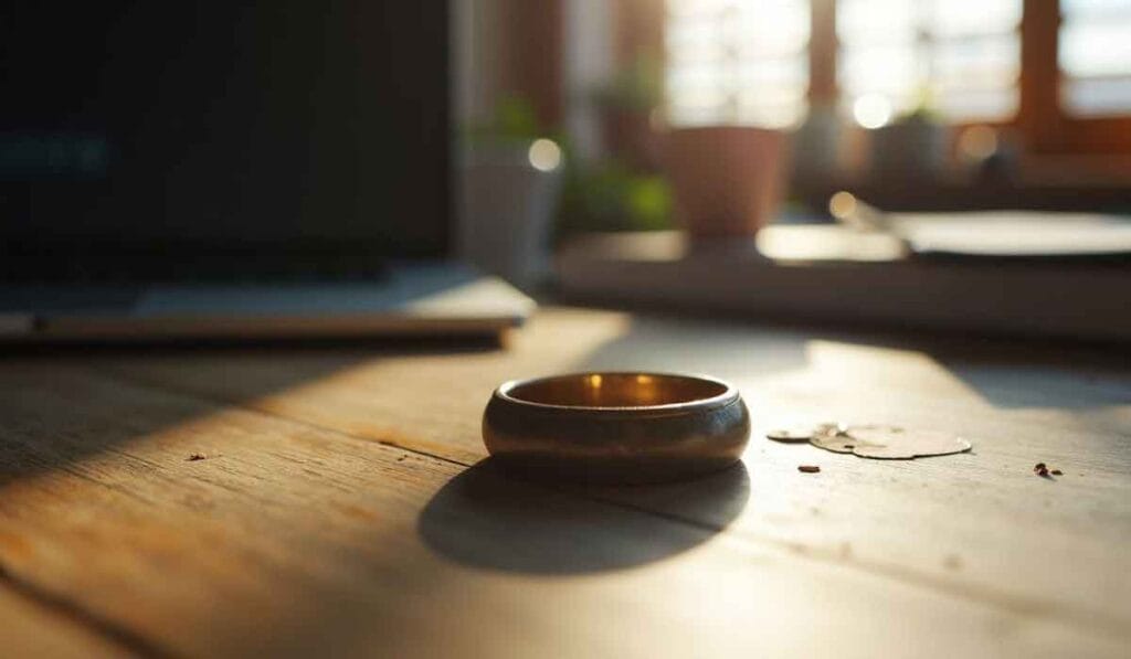 A gold ring on a wooden table with a laptop and a coffee cup in the blurred background. Sunlight streams through a window.