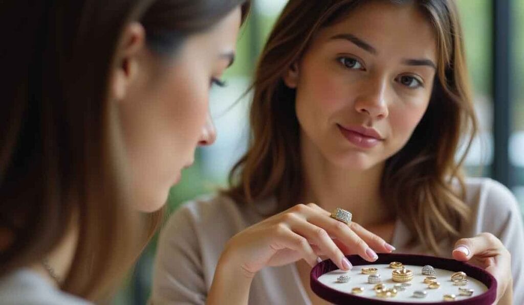 A woman in a beige top admires a ring on her finger while holding a display tray with assorted gold jewelry in front of a mirror.