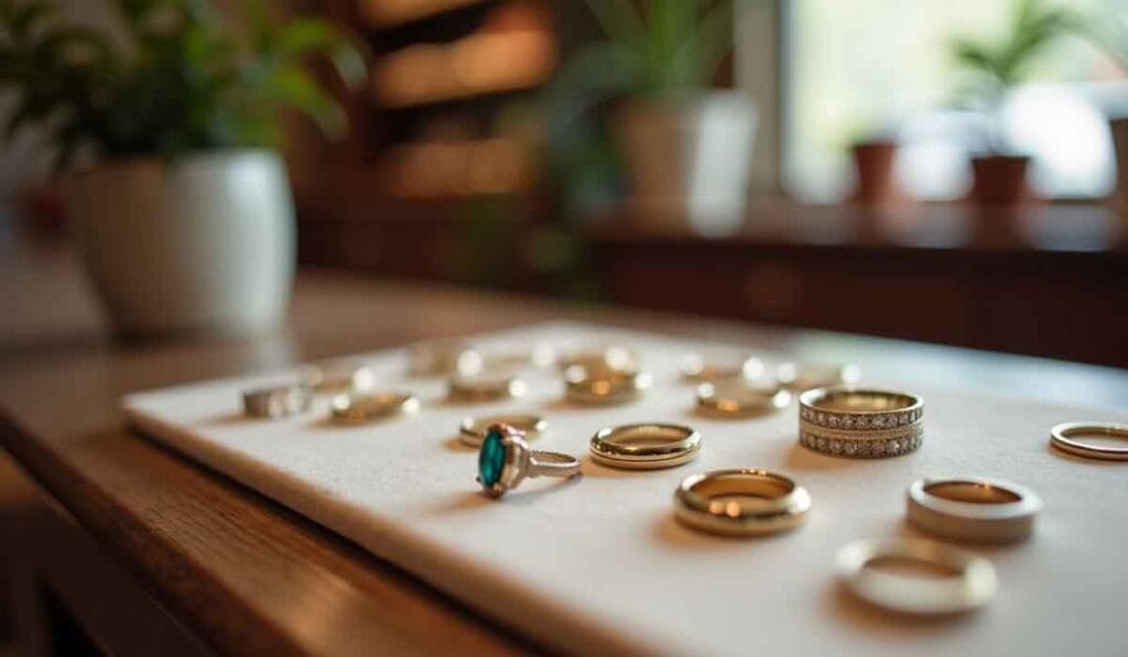 A display of gold rings, including one with a blue gemstone, on a white mat in a store setting with blurred plants in the background.