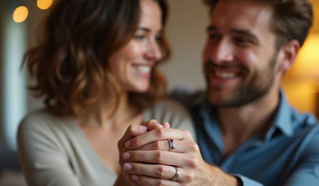 A couple smiles while holding hands, both wearing rings.