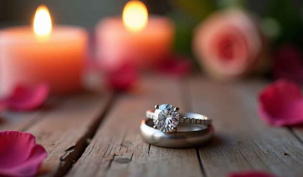 A diamond engagement ring and a wedding band on a wooden surface with pink candles, rose petals, and a rose in the background.