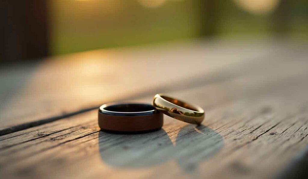 Two rings, one gold and one black with a brown band, placed on a wooden surface with a blurred background.