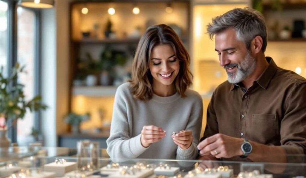 A man and woman are smiling and looking at rings inside a jewelry store. They stand at a display case filled with rings, surrounded by softly lit shelves.