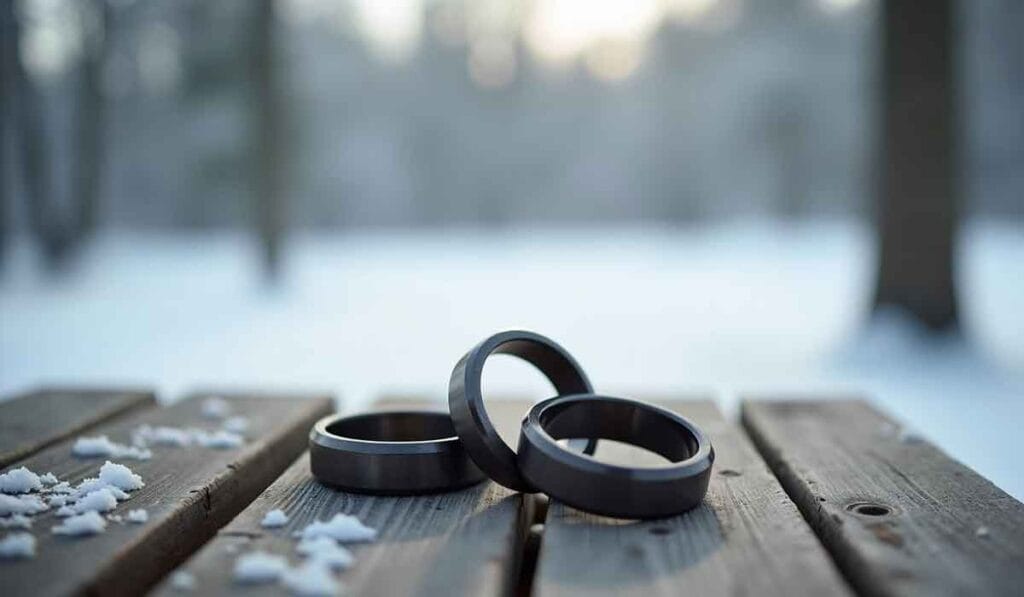 Three black rings placed on a wooden picnic table with a snowy background.