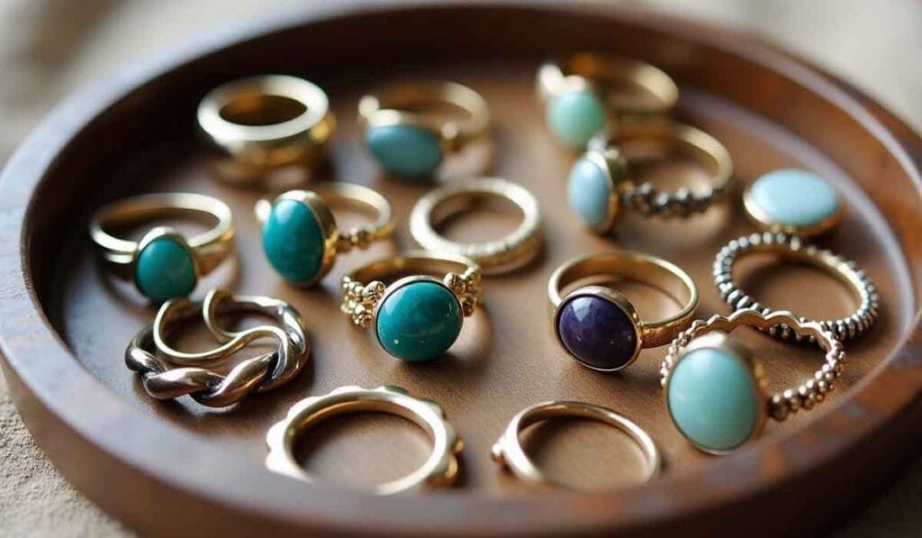 A round wooden tray holds multiple rings, each featuring colorful gemstones set in gold bands.