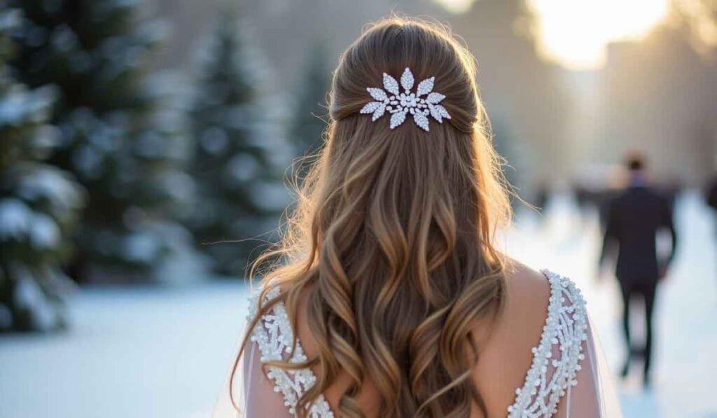 A woman with wavy hair and a decorative hairpiece stands outdoors, surrounded by snow-covered trees.