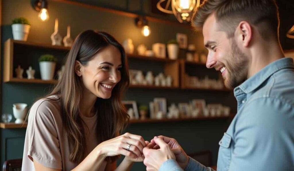 A couple smiling and holding hands in a cozy, warmly lit room with shelves in the background.