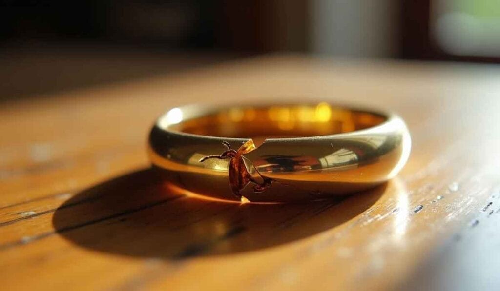 A shiny gold ring with an opening in its surface, resting on a wooden table.