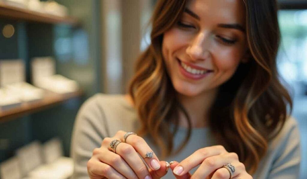 A woman smiling while trying on rings in a jewelry store.