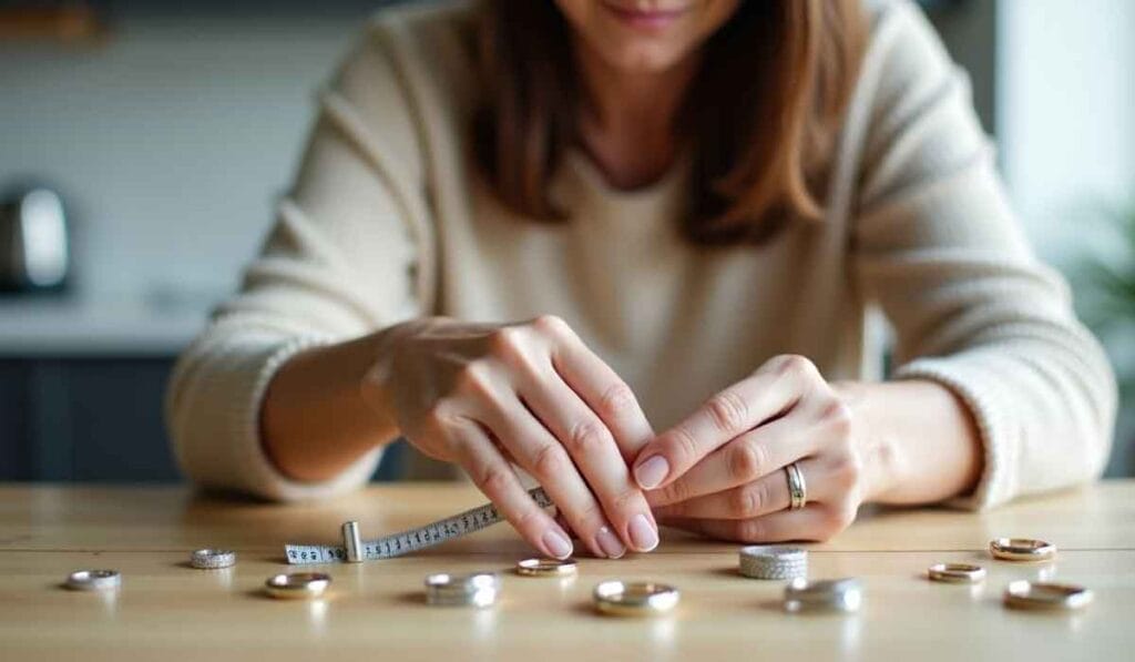 Person measuring rings with a tape measure on a table.