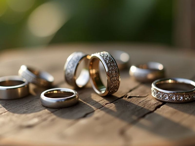 Several silver rings with embedded stones are arranged on a wooden surface, with some standing upright and others lying flat.