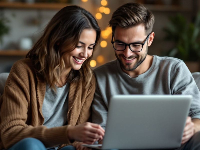 A couple sits closely together, smiling as they look at a laptop screen in a cozy room with soft lighting.