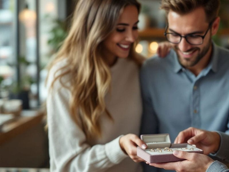 A couple looks at a box of rings held by another person in a bright, cozy setting.