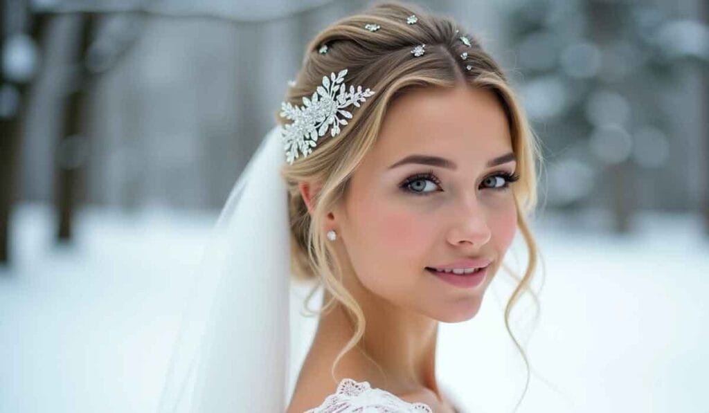 A bride with an intricate hairpiece and veil poses outdoors in a snowy setting, wearing a lace dress.