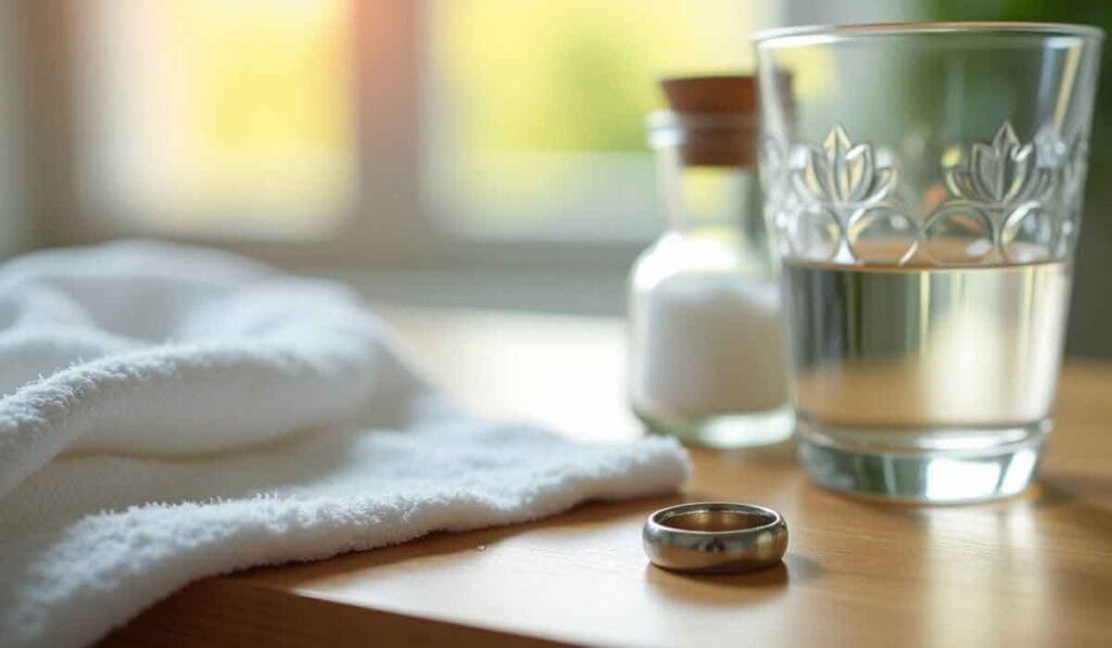 A ring, a glass of water, a small bottle, and a white towel are placed on a wooden table near a window with sunlight streaming in.