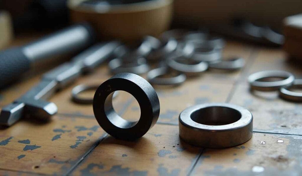 Close-up of metal rings on a wooden surface with blurred tools and rings in the background.