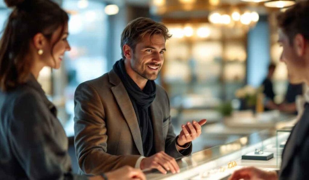 A man in a suit and scarf talks to two people across a jewelry counter in a well-lit store.