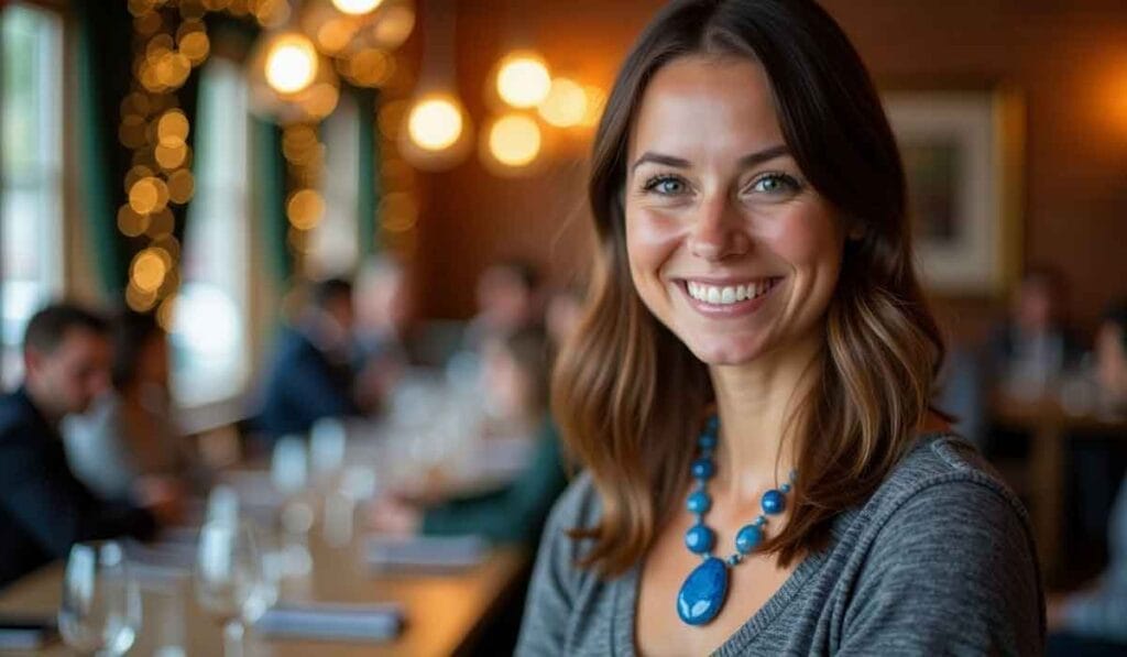 A smiling woman with long brown hair and a blue necklace stands in a warmly lit restaurant. Several people are seated at tables in the background.