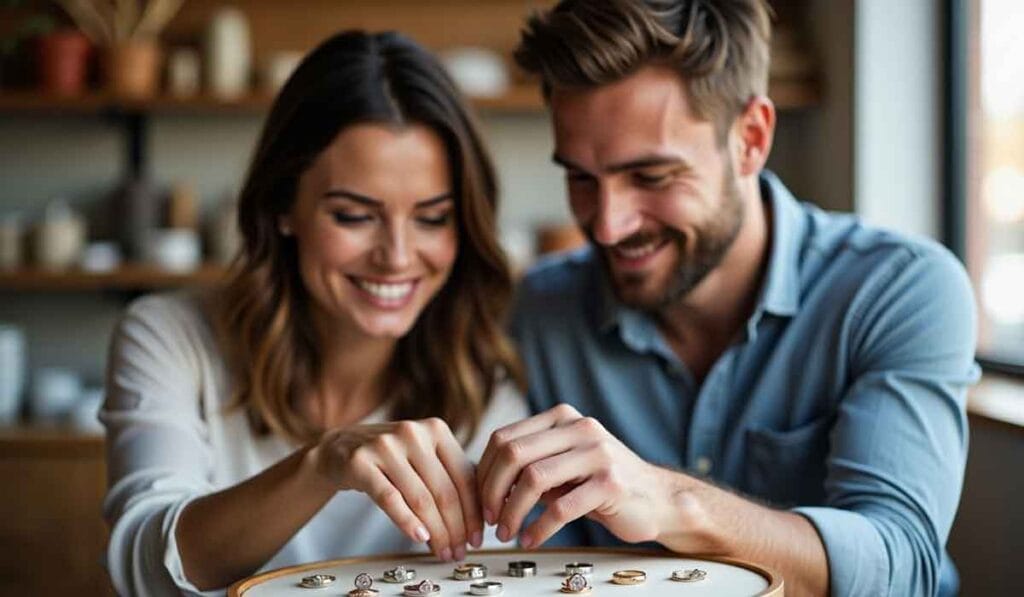 A couple smiles while selecting rings from a display tray indoors.