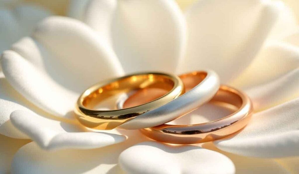 Three gold, silver, and rose gold rings rest on white petals.