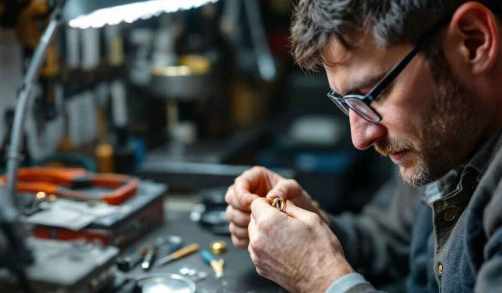 A person with glasses carefully works on a small, detailed object at a workshop table under a bright lamp. Tools and materials are scattered around.