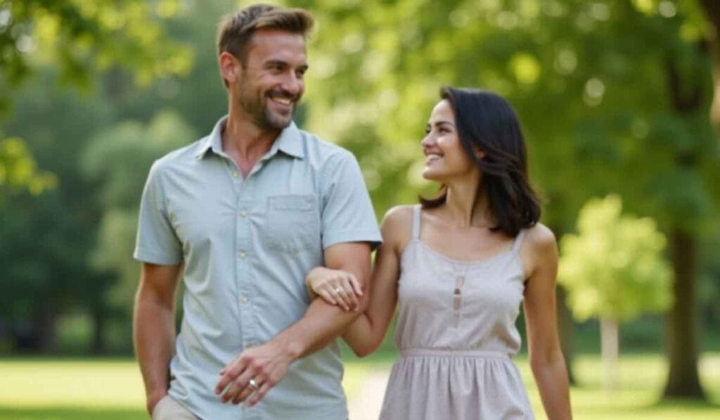 A couple walks arm in arm through a sunlit park, smiling at each other.