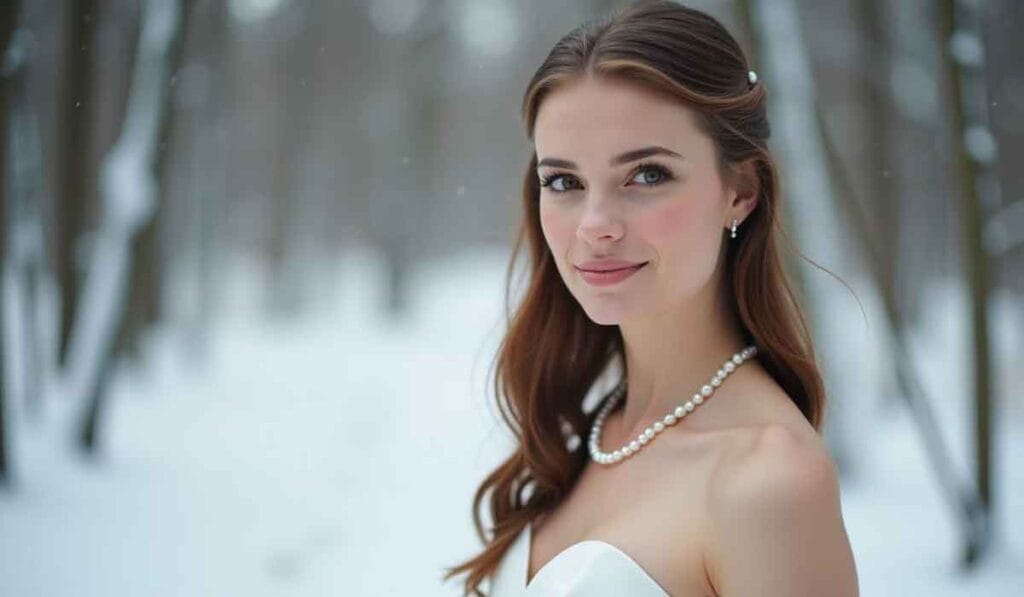 A woman in a white dress and pearl necklace stands in a snowy forest, smiling at the camera.