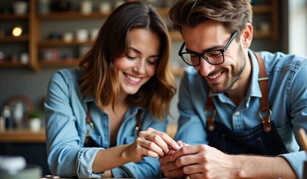 Two people in denim shirts and aprons are smiling and working together at a table, focusing on a small object in their hands. Shelves with jars are in the background.