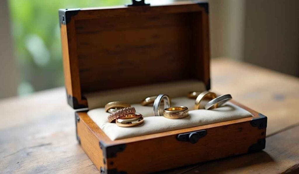 An open wooden box on a table displaying various gold and silver rings on a cushioned surface.