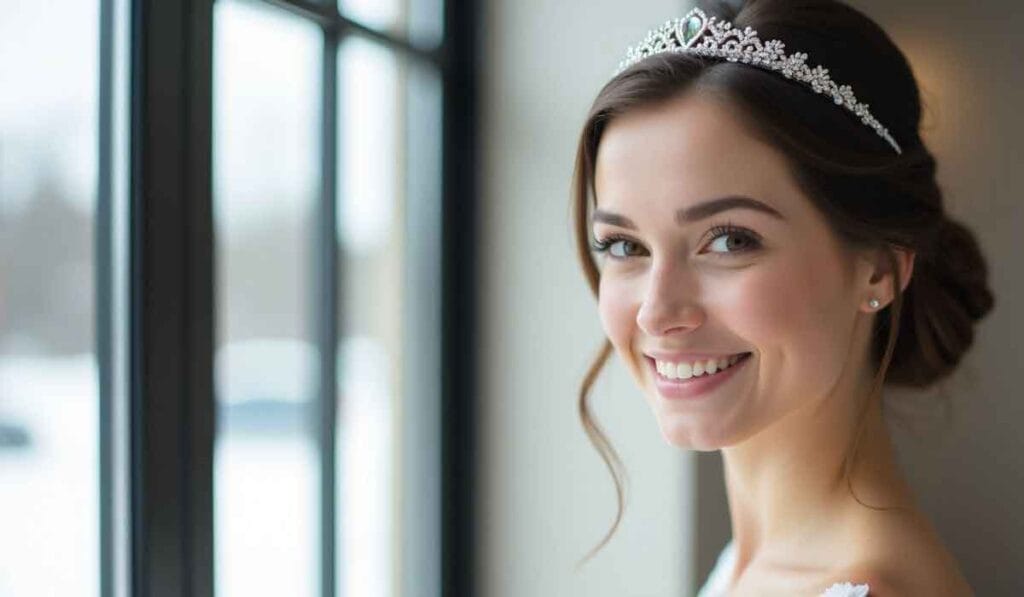 A woman wearing a tiara smiles while standing near a window.