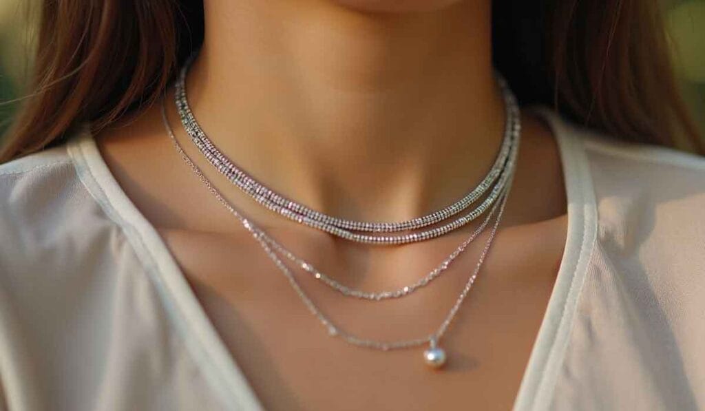 Close-up of a person wearing three layered silver necklaces, one with a single pearl pendant, against a light-colored, sheer fabric top.