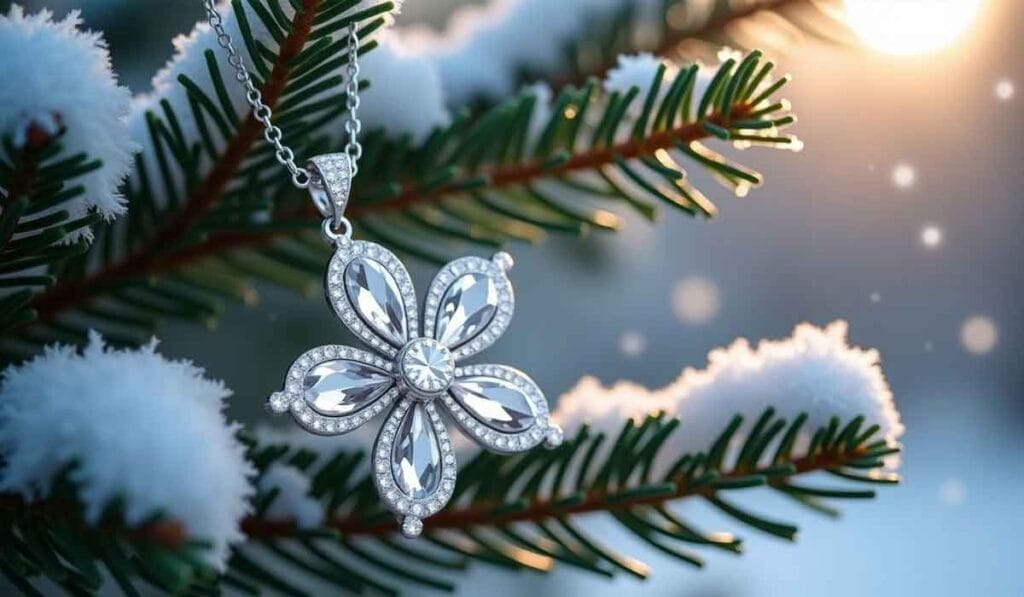 A silver flower-shaped pendant with gemstones hangs on a chain against a snowy pine branch backdrop, with sunlight peeking through.