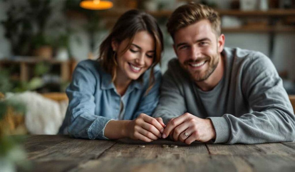 A smiling couple sits at a wooden table, stacking coins.