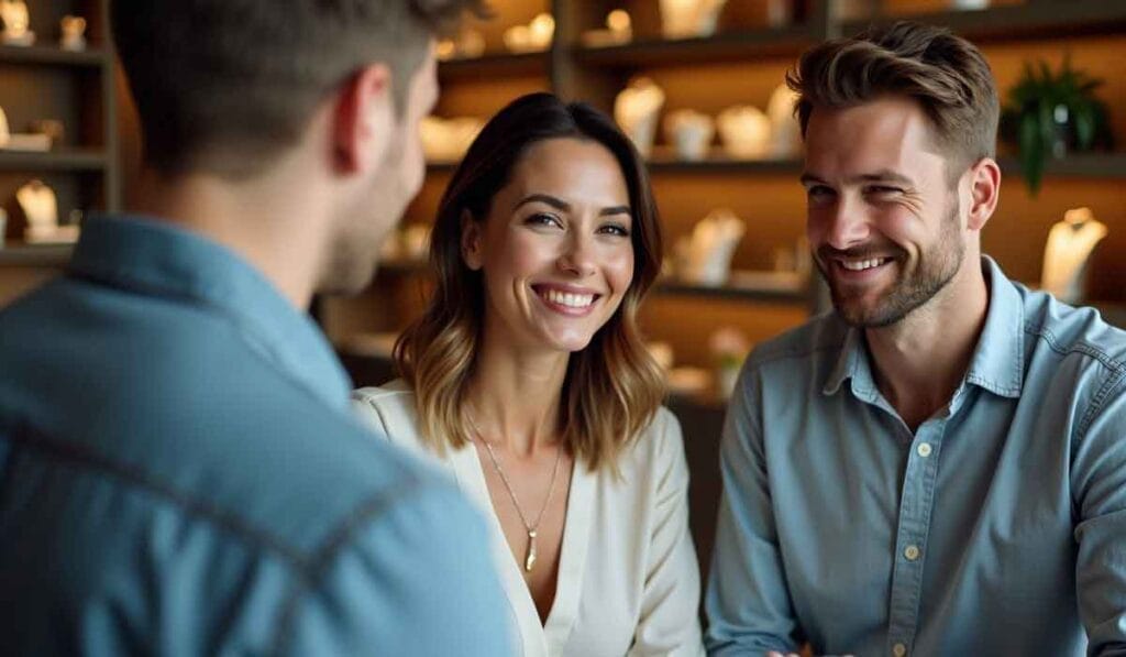 Three people are talking and smiling in a room with softly lit shelves displaying various items.