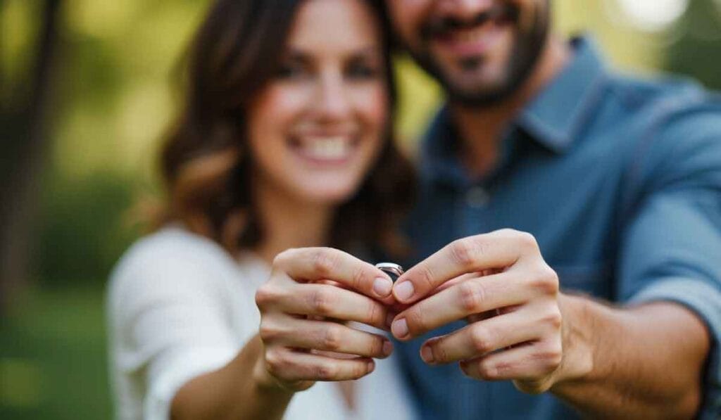 A couple smiling and holding an engagement ring together in an outdoor setting.