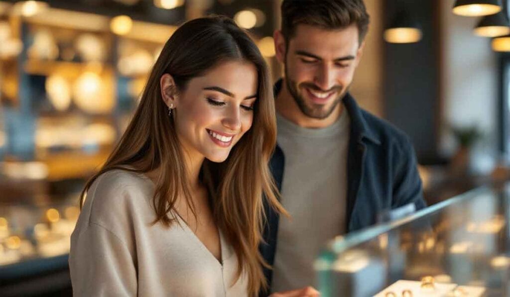 A couple smiles while browsing jewelry in a well-lit store.