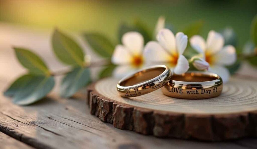 Two gold rings on a wooden surface with white flowers in the background. One ring is engraved with text.