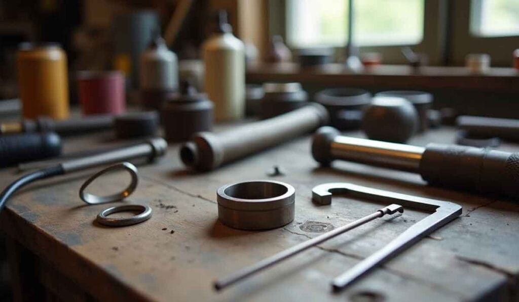 Various metal tools and parts are scattered on a wooden workbench near a window.