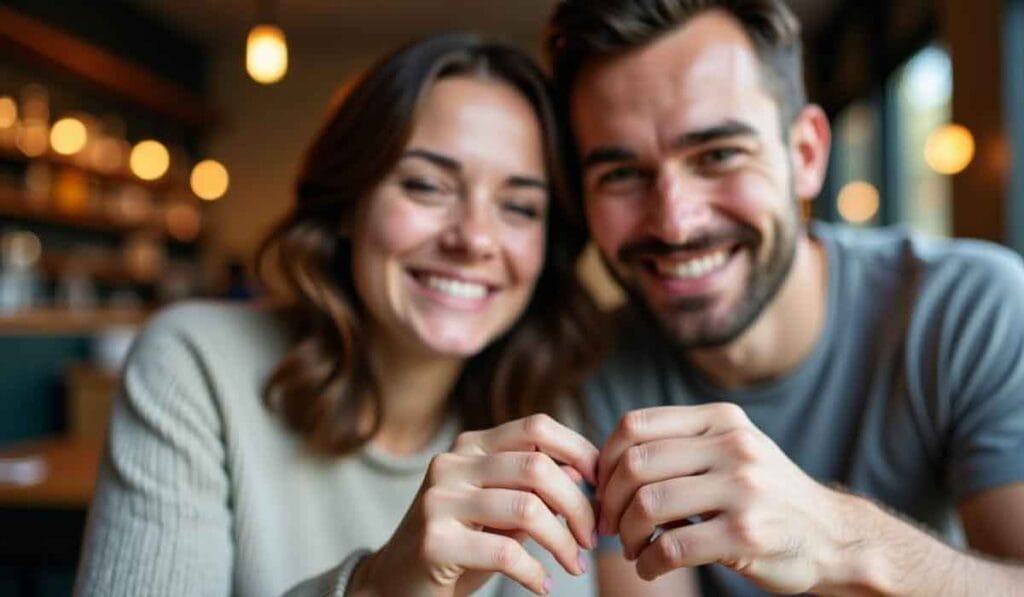 A smiling couple sits closely together indoors, holding hands, with out-of-focus lights in the background.