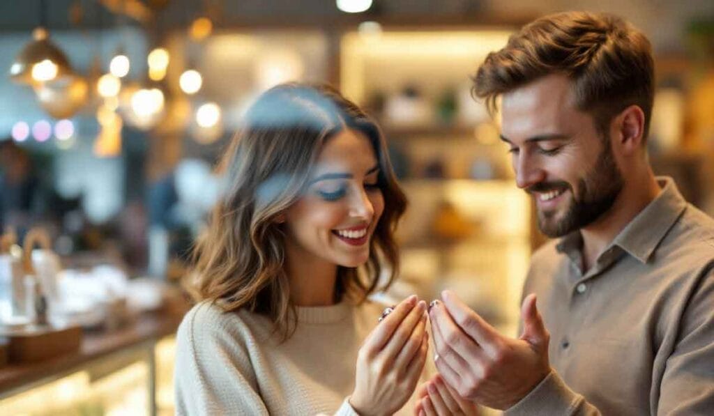 A man and woman smile while looking at a small object in a cozy, warmly lit environment.