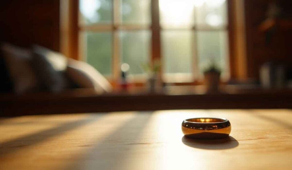 A gold ring sits on a wooden table, with sunlight streaming through a window in the background.