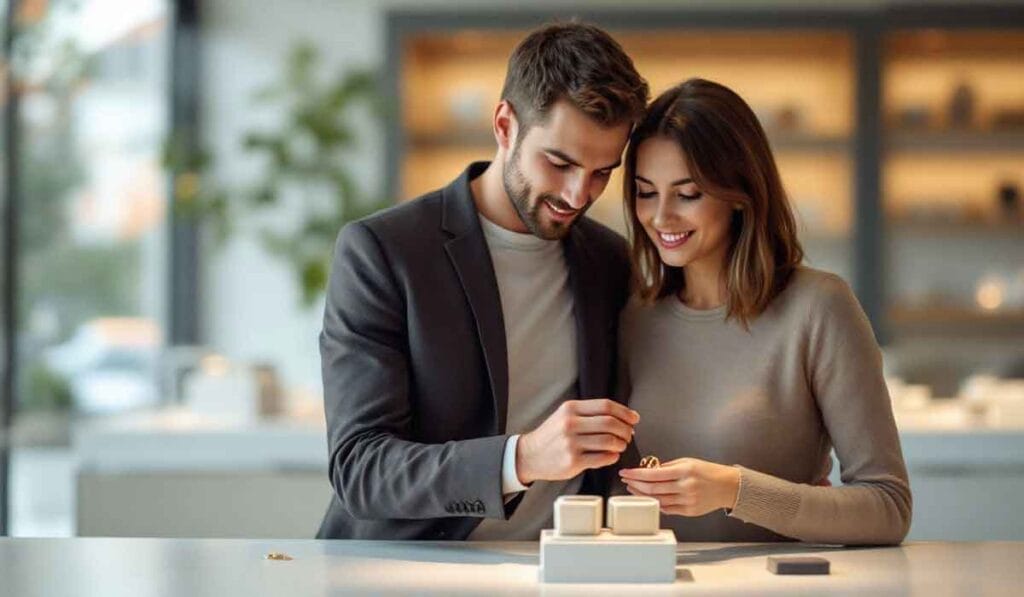 A couple looks at rings together in a well-lit jewelry store, smiling as they examine the selection on display.