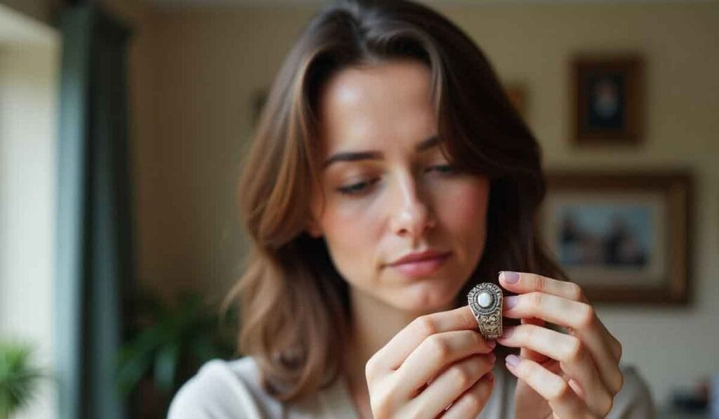 A woman examines a large, ornate ring with a pearl, standing in a softly lit room with framed pictures in the background.