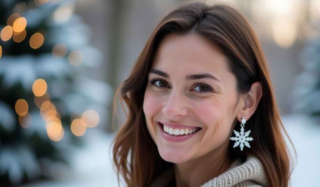 Woman smiling outdoors in winter, wearing sweater and snowflake earrings; blurred snow-covered trees with lights in background.