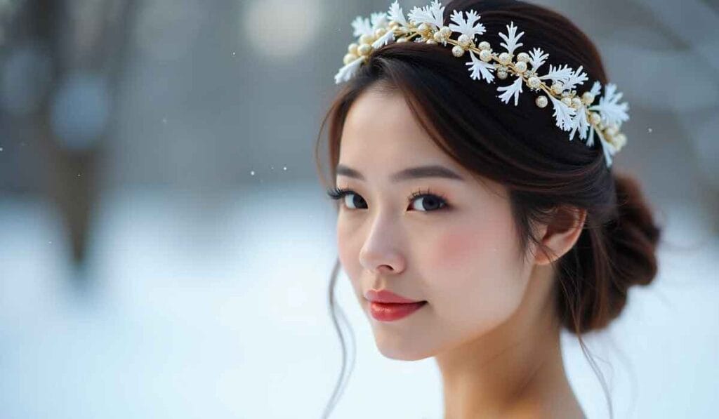 A woman with a floral headpiece stands outdoors in a snowy setting, looking towards the camera.