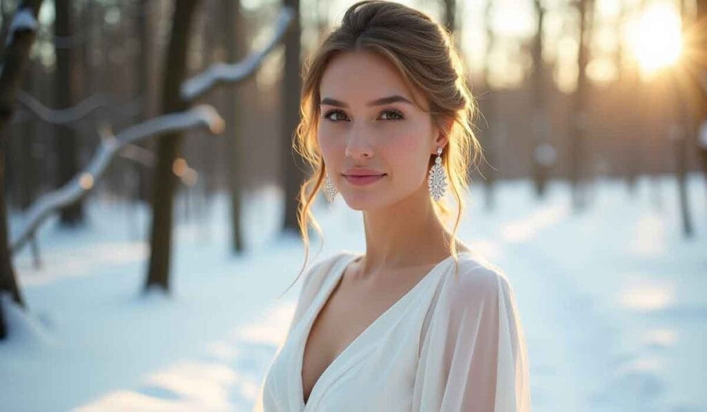 A woman in a white dress stands in a snowy forest at sunset, wearing large earrings.