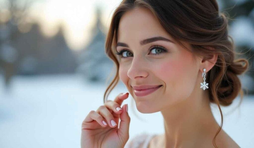 A woman with snowflake earrings smiles outdoors, with a snowy backdrop.