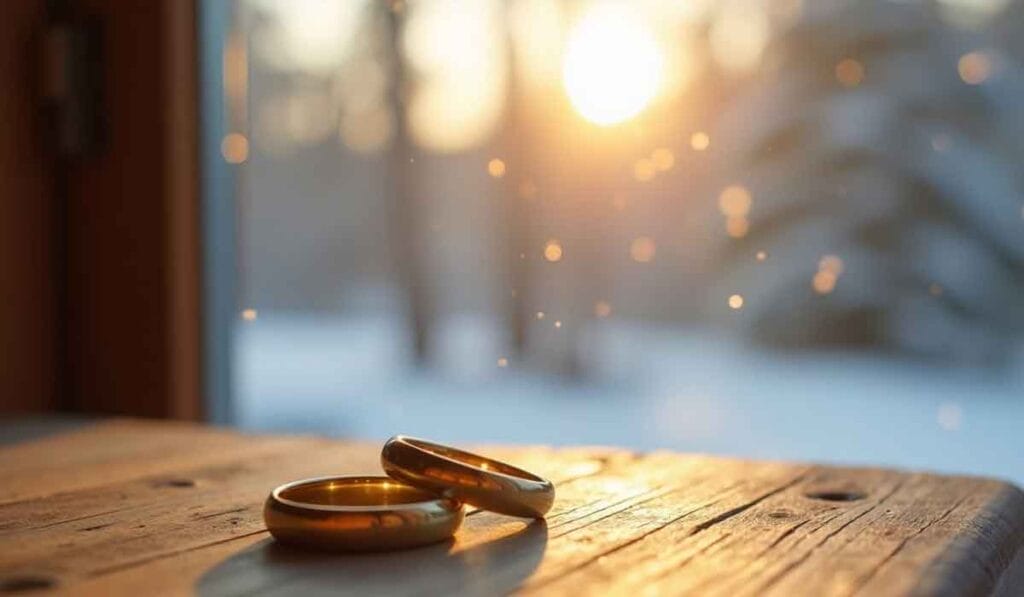 Two gold rings rest on a wooden table, with a bright, sunlit background filled with soft, out-of-focus trees and snowflakes.