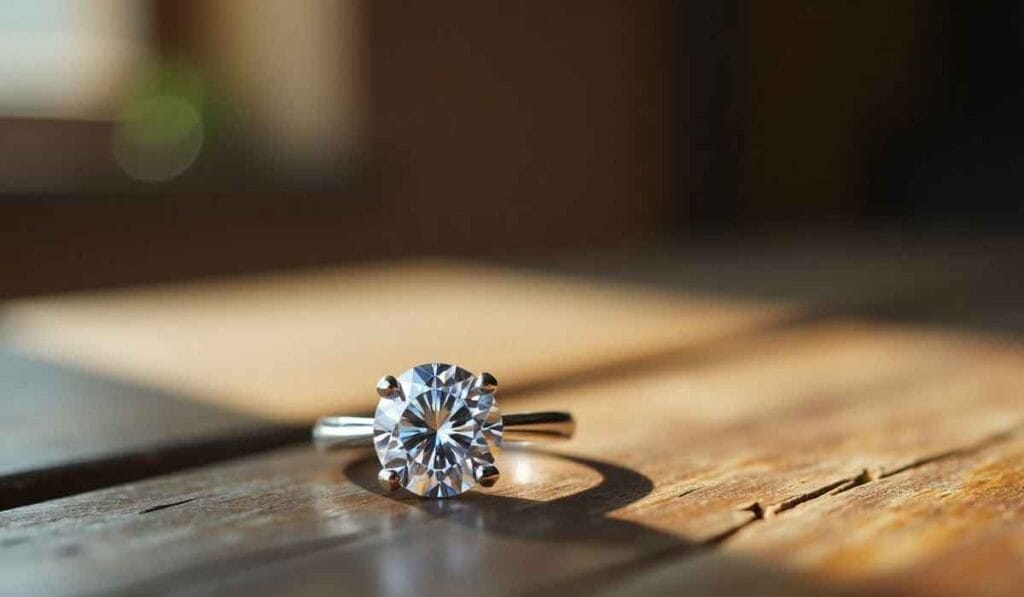 A silver ring with a large round diamond rests on a wooden surface, illuminated by soft, natural light.